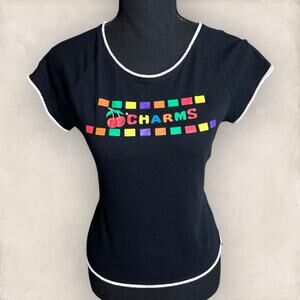 Y2K Baby Tee Vintage T-Shirt Charms Blow Pop Candy Black Rainbow Cherry Medium